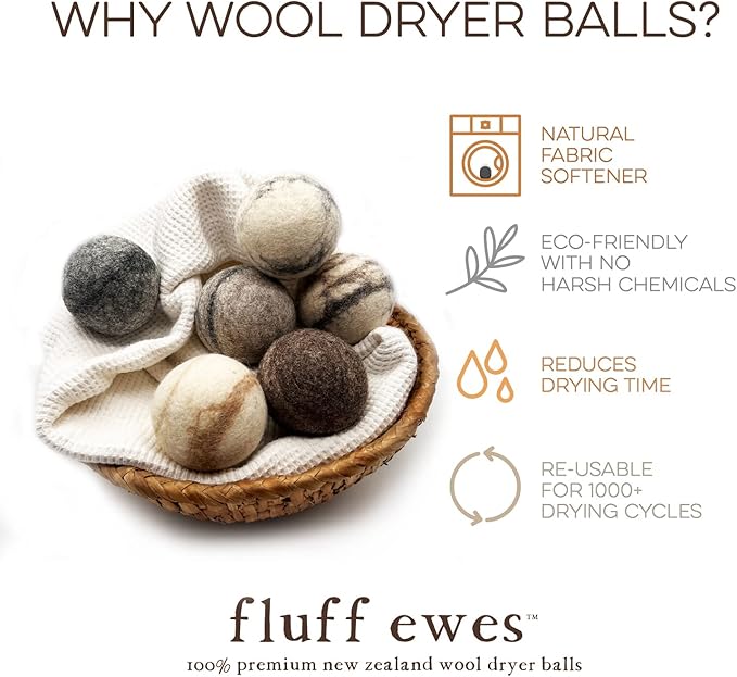 Fluff Ewes Wool Dryer Balls 6 Pack Premium New Zealand Wool Laundry Balls for Dryer, No Static Dryer Balls Laundry Reusable Cute, XL Wool Dryer Balls Cute, Baby Dryer Balls for Dryers - Marble-PawvioPets