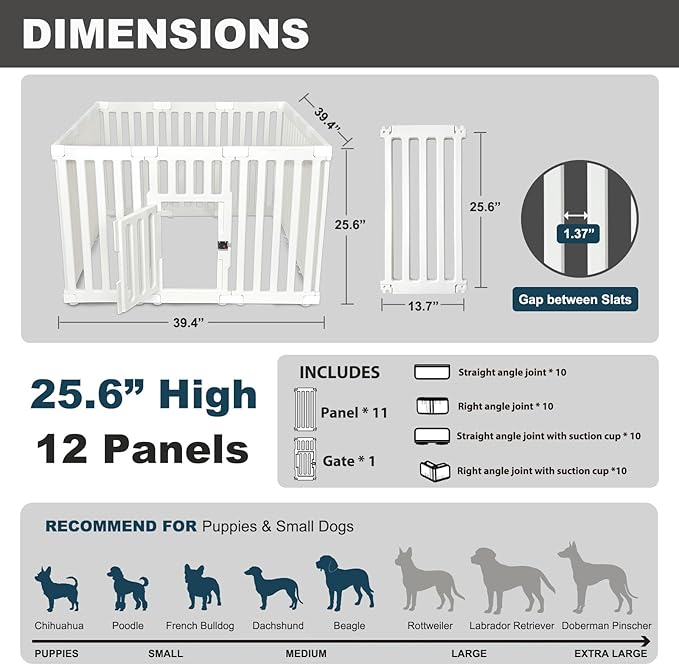 Dog Playpen with Door, 12 Panels Puppy Playpen, 25.6” H Dog Pen for Small Cats and Dogs, Pet Fence for Indoor & Outdoor, Non-Slip Pet Gate Made of Strong Plastic, White-PawvioPets