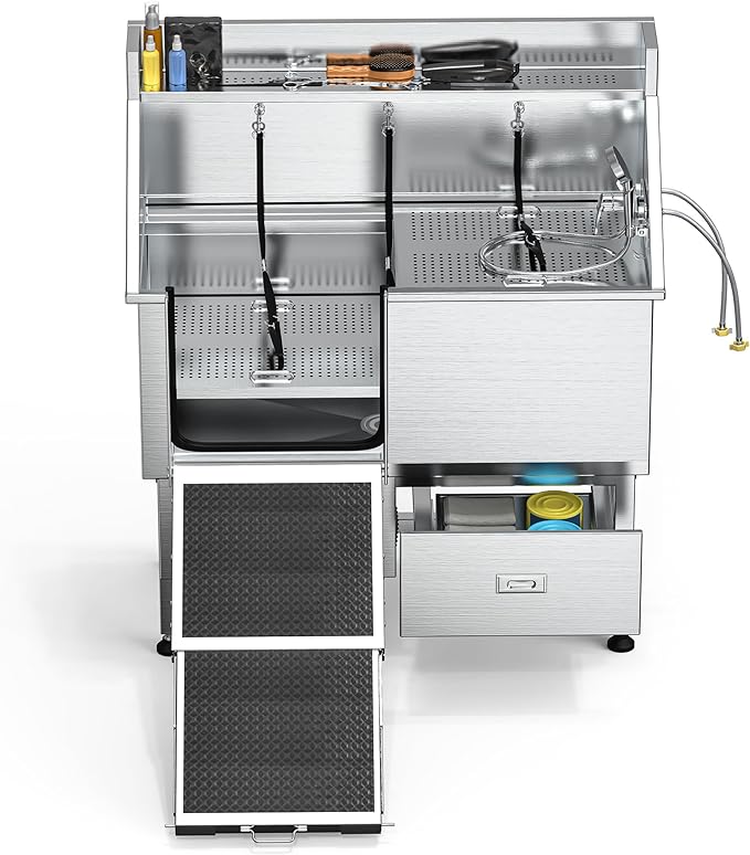 DWVO Professional Dog Bathing Station Stainless Steel 304 Pet Bathtub, 50in Dog Grooming Tub w/Right Door Ramp, 2 Storage Drawers, Grate, Pet Washing Station for Large, Medium, Small Pets-PawvioPets