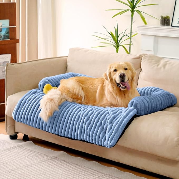 FUNNY FUZZY Pet Couch Cover for Sofa, Calming Dog Bed for Couch, Fluffy Plush Dog Couch Mat for Furniture Protector for Large Medium Small Pets, 47×37 in, Blue-PawvioPets