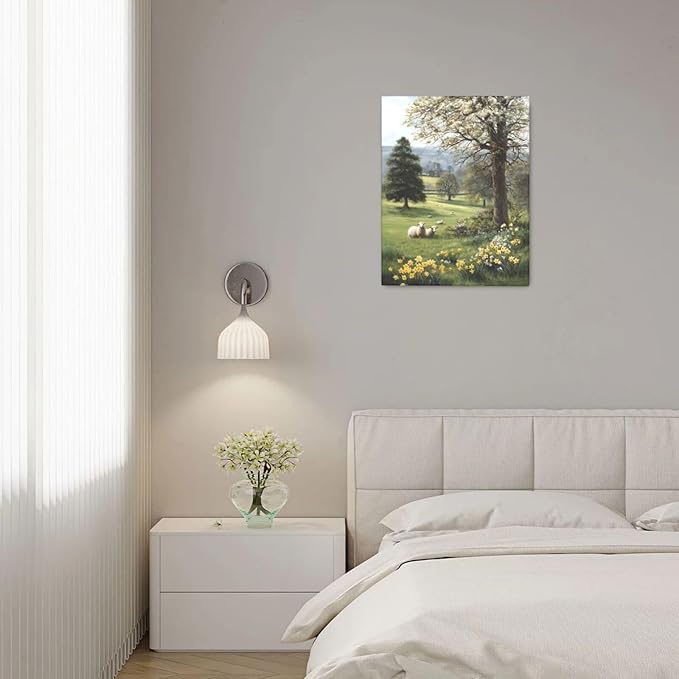 Country Sheep Canvas Wall Decor Farmhouse Rustic Lamb Wildflower Wall Art Nature Countryside Landscape Pictures Painting Print Framed Artwork Decorations for Bathroom Living Room Bedroom 16"x20"-PawvioPets