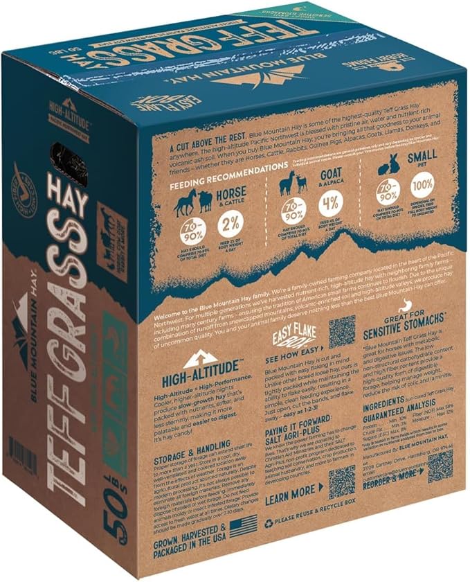 Blue Mountain Hay High-Altitude Teff Grass Hay, 50lb Easy Flake Box - Low NSC & High Fiber for Easy Digestion and Weight Management - Ideal for Horses, Goats, Rabbits, Guinea Pigs & Other Small Pets-PawvioPets