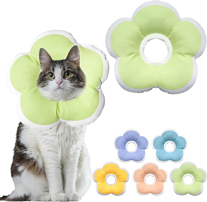 Cat Cone Collar Soft, Waterproof Cats Cones to Stop Licking After Surgery, Adjustable Soft Elizabeth Cats Collars for Wound Healing, Flower Shape Cat Recovery Collar (Green, Large)-PawvioPets