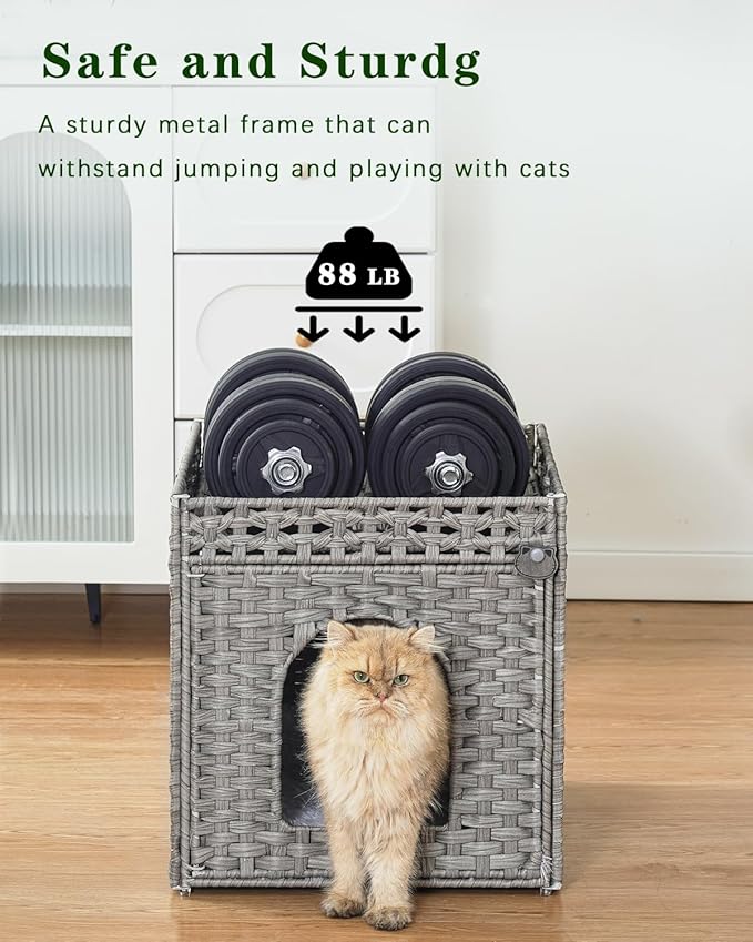 Cat Beds for Indoor Cats Extra Large Double Cat Cave Pet Cube, Handwoven Rattan Cat Houses with Double-Sided Soft Cushions, 18.5 x 20.5 x 19.1 Inches Foldable Hideaway in Living Room Gray-PawvioPets