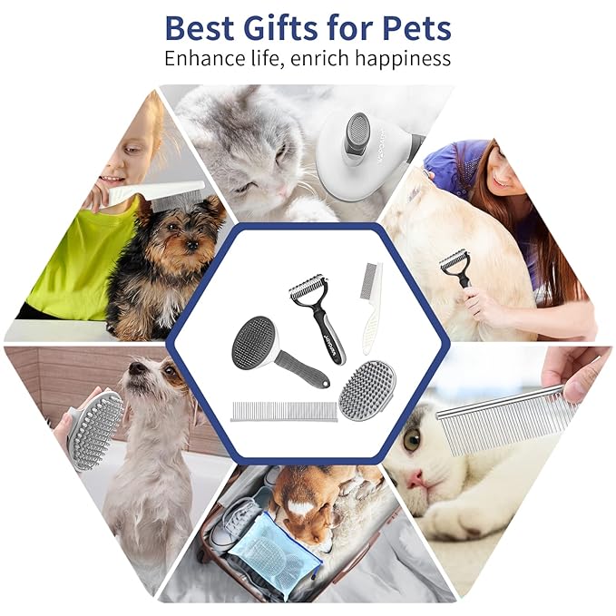 5 in 1 Dog Grooming Kit - Self-Cleaning Slicker Brush for Shedding Short Long Haired Dogs & Cats, Includes Pet Comb, Flea Comb, Bath Brush, Undercoat Rake - Complete Fur Care Set - Gray-PawvioPets