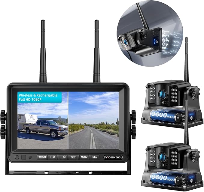 Fookoo HD Magnetic Wireless Backup Camera, 1080P 7" Dual Split Monitor & Rechargeable Rear View Cameras, Lower Consumption 1-Min Installation No Drilling Recording for RV Trailer Truck Camper DCX702-PawvioPets