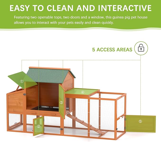 COZIWOW 82" Large Wooden Chicken Coop, Outdoor Rabbit Hutch with Wheels, Sunshine Board, Asphalt Roof, Ramp, Openable Top, Door, Window, Pull-Out Tray, Indoor Bunny Cage (Orange with Pattern)-PawvioPets
