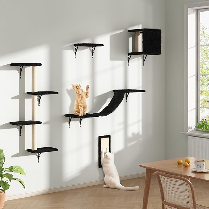 COZIWOW Wall Mounted Cat Furniture, Cat Wall Shelves and Perches, Floating Cat Shelves for Wall Set of 5 (Black)-PawvioPets