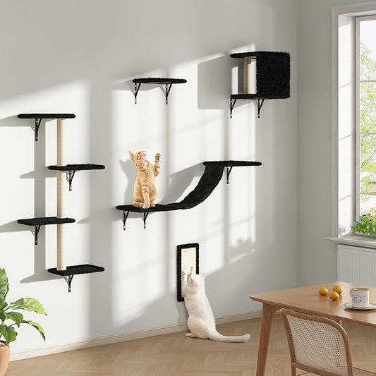 COZIWOW Wall Mounted Cat Furniture, Cat Wall Shelves and Perches, Floating Cat Shelves for Wall Set of 5 (Black)-PawvioPets