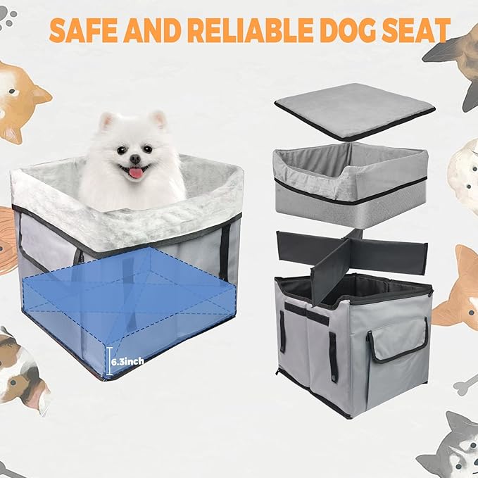 Eunice Small Dog Car Seat, 15.5 in (L) X 14.6 in (W) X 13 in (H) Washable Detachable and Portable Dog Booster Car Seat with Clip-on Safety Leash, Puppy Car Seats Storable Bottom Layer - Up to 25 lbs-PawvioPets