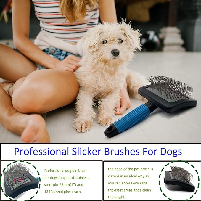 Dog Brush for Long Haired Dogs - Large Firm Slicker Brushes for Poodles, Goldendoodles & Shedding Grooming - Soft Massage Stainless Steel Pins (25mm/1") - Gentle Pet Grooming Wire-PawvioPets