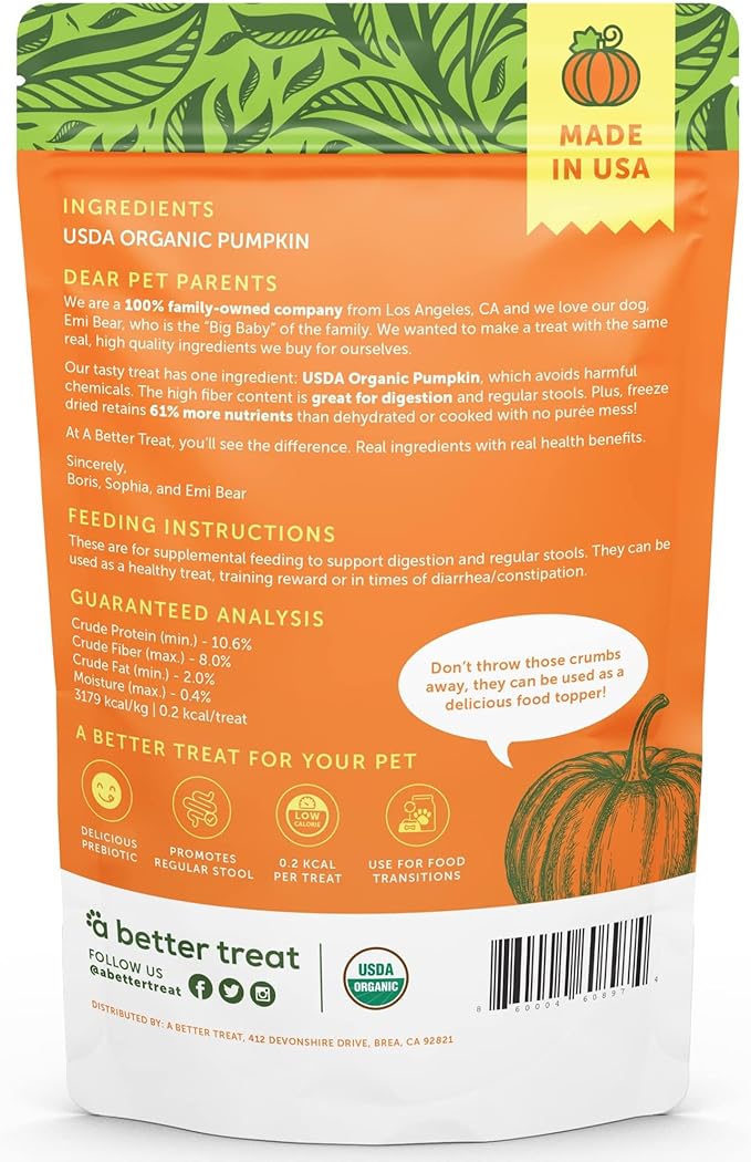 A Better Treat – Freeze Dried Organic Pumpkin Dog and Cat Treats, Organic, Single Ingredient | Natural, Healthy, Diabetic Friendly | Made in The USA-PawvioPets