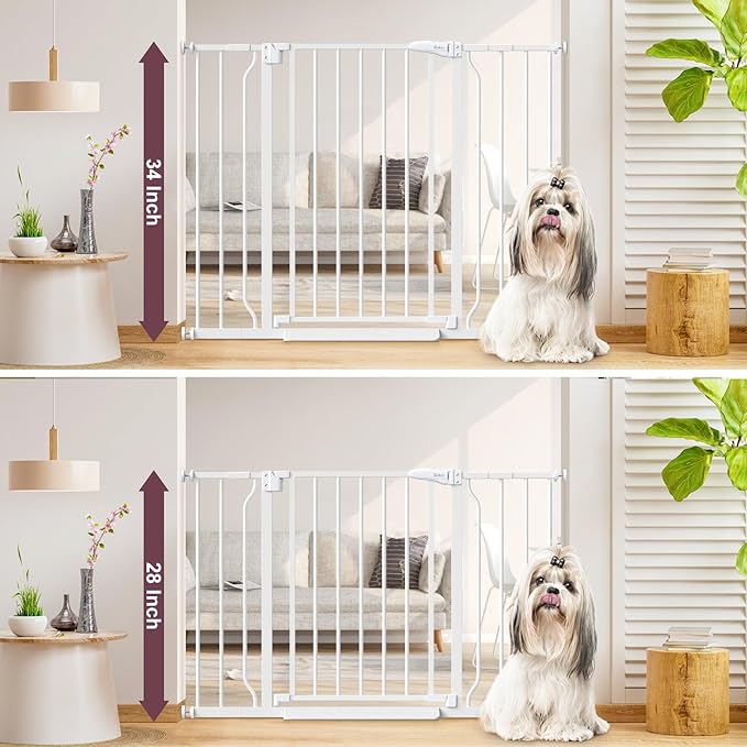 34" Extra Tall Baby Gate for Stairs, Auto Close Stroller Friendly Dog Gate Indoor for Doorways, Pressure Mounted 29"-45" W Baby Gate, Easy Walk Through Gate for Children & Pets, White-PawvioPets