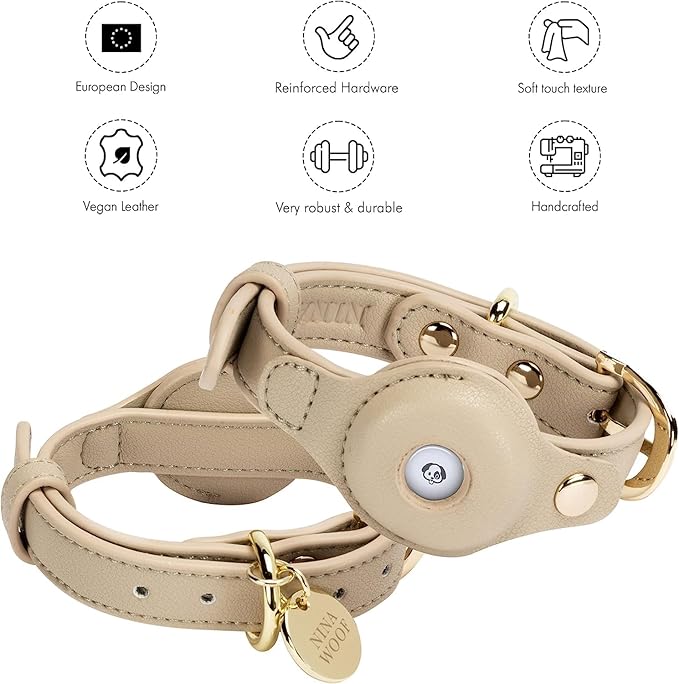 Cupertino Dog Collars, Harnesses & Leashes Made from Vegan Leather with Dog Tracker Device Holder Adjustable Dog Collar (Medium, Beige)-PawvioPets