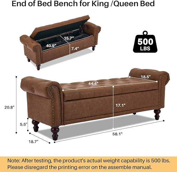 58.1'' Storage Bench Upholstered PU Leather End of Bedroom Bed Bench Ottoman with Tufted Cushioned Rolled Arm Large Storage Space for Reading Living Room Entryway, Brown-PawvioPets