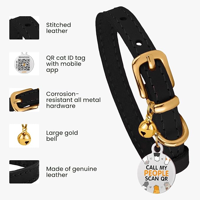 BRONZEDOG Leather Cat Collar with Removable Bells Non Breakaway Kitten QR Tag for Girl Boy (7" - 9" for Cats, Black & Gold)-PawvioPets