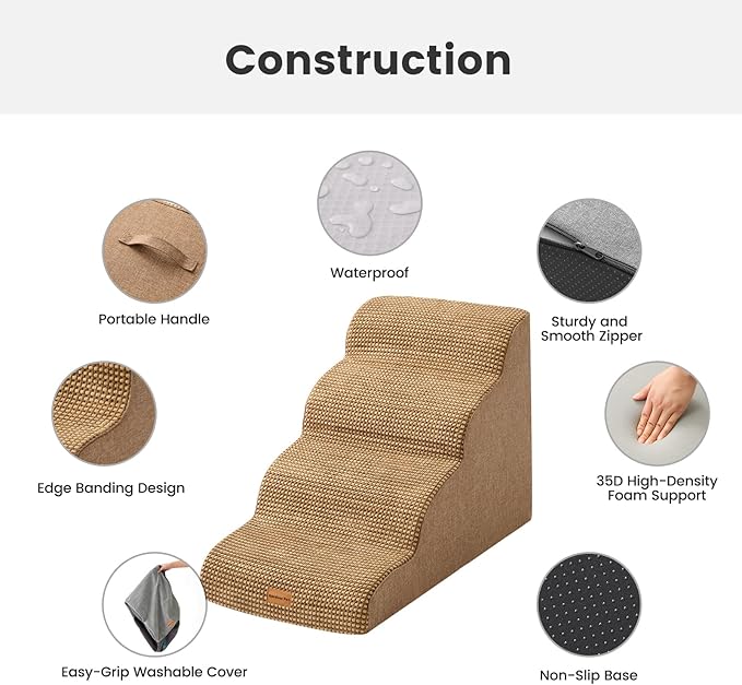 Gardner Pet Dog Stairs for Small Dogs 19.7" H, 4-Step Brown Curved Pet Stairs, Dog Steps for High Bed (18-24 in), Couch with Durable Non-Slip Waterproof Fabric Cover and CertiPUR-US Certified Foam-PawvioPets