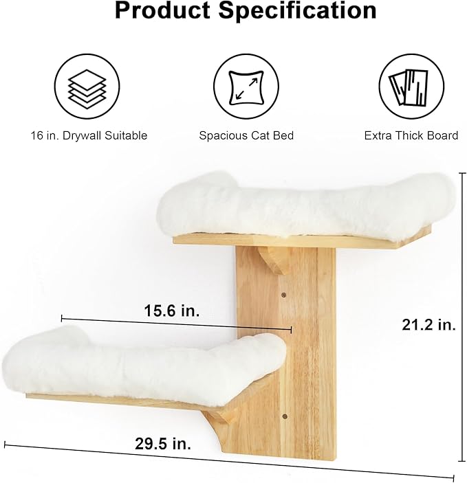 FUKUMARU Cat Wall Shelves, 2 Platform Cats Walls Furniture, Tree Shape Kitten Floating Shelf with Soft Cushion Perch, Solid Rubber Wood for 16 Inch Drywall, Suitable for Climb, Play, Nap-PawvioPets