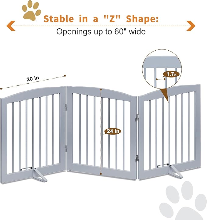 Freestanding Pet Gate for Dogs, Foldable Wooden Dog Gate for House, Indoor Dog Gate for Doorways, Stairs, Gates for Dogs Indoor, Support Feet Included, 24" Height 3 Panels, Grey-PawvioPets