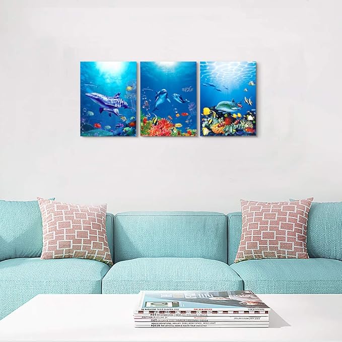 blue ocean fish 3 Pieces Framed Wall Art for Living Room Bathroom Wall Decoration Canvas Print Children's Bedroom Wall decor Office Kitchen Home Decoration Underwater World Watercolor Painting-PawvioPets
