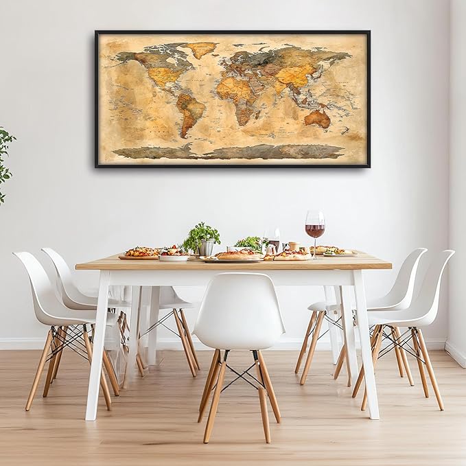 Extra Large World Map Framed Wall Art for Living Room,Oversized Vintage Map of The World Pictures Wall Decor,Canvas Print Painting Modern Artwork Bedroom Office Bathroom 60L" x 30W"-PawvioPets
