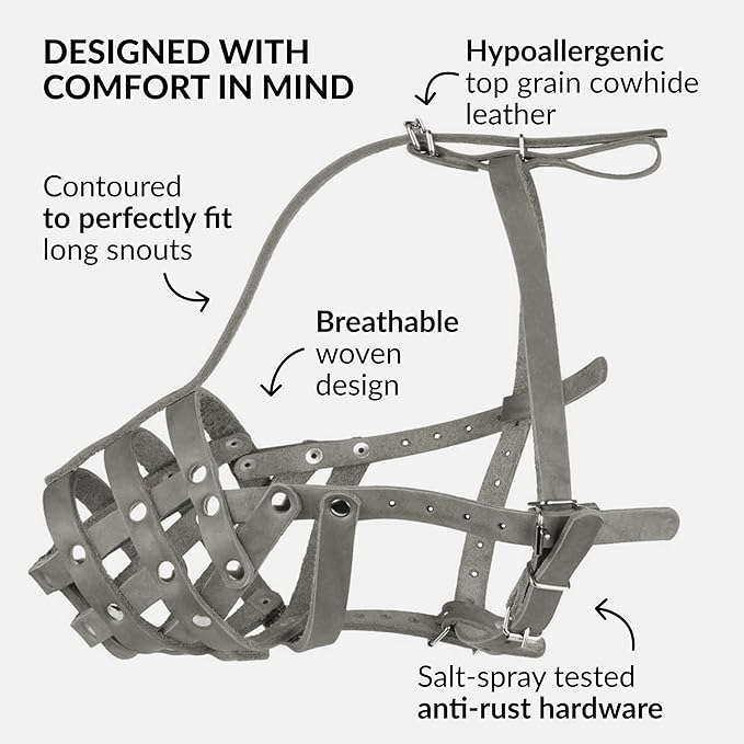 CollarDirect Dog Muzzle German Shepherd Dalmatian Doberman Setter Leather Basket Medium Large Breeds (Grey, Medium)-PawvioPets