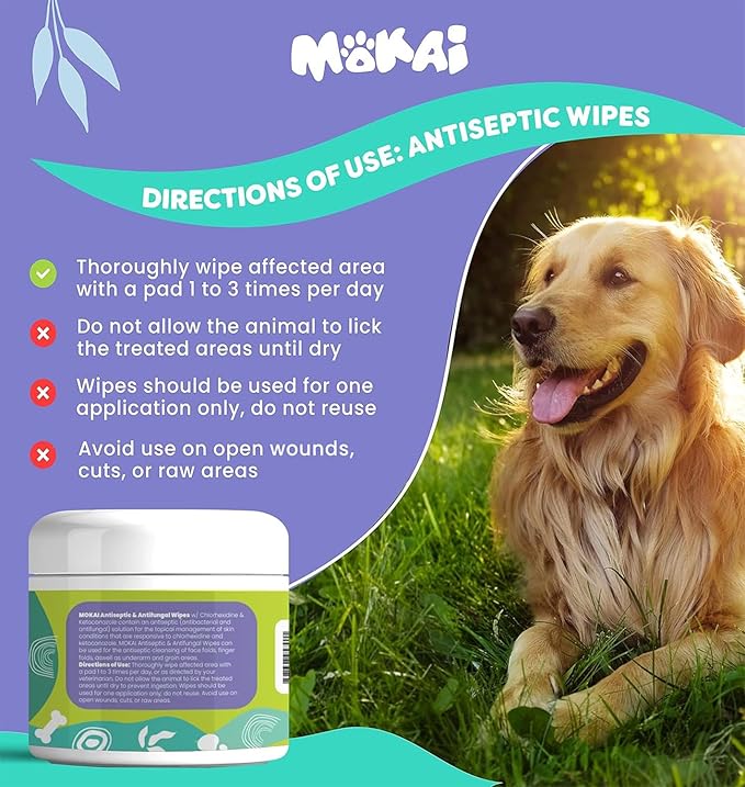 Antiseptic Wipes for Dogs Cats and Horses | Dog Chlorhexidine Wipes with Ketoconazole Dermatological Pads Hot Spots Itchy Paws Skin Rashes-PawvioPets