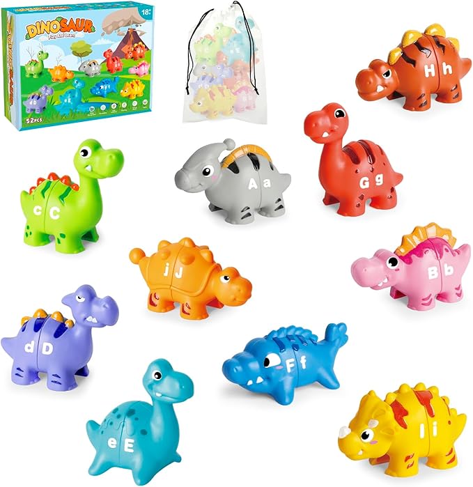 52 PCS Dinosaur Alphabet Learning Toys for Toddlers Kids 3-5, 10 Different Dinosaur Figures, Double Sided ABC Matching Game, Preschool Activities Montessori Fine Motor Toys for Toddlers Kids-PawvioPets