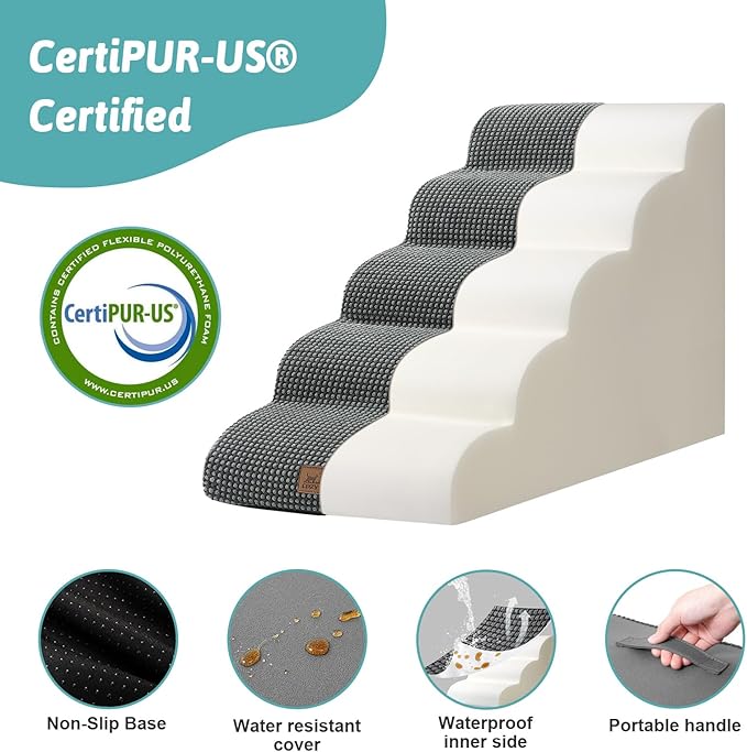 Dog Stairs for High Bed 22.6" H, Small Dog Step for Puppy, Older or Cat, Curved Ramp for Car, Ladder with High Density Foam, Lightweight, Durable, 15.7x33x22.6 inch, 5 Step, Dark Grey-PawvioPets