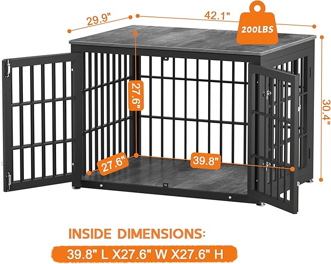 42 Inch Heavy Duty Dog Crate Furniture for Large and Medium Dogs, Decorative Pet House End Table, Wooden Cage Kennel Furniture Indoor, Gray-PawvioPets