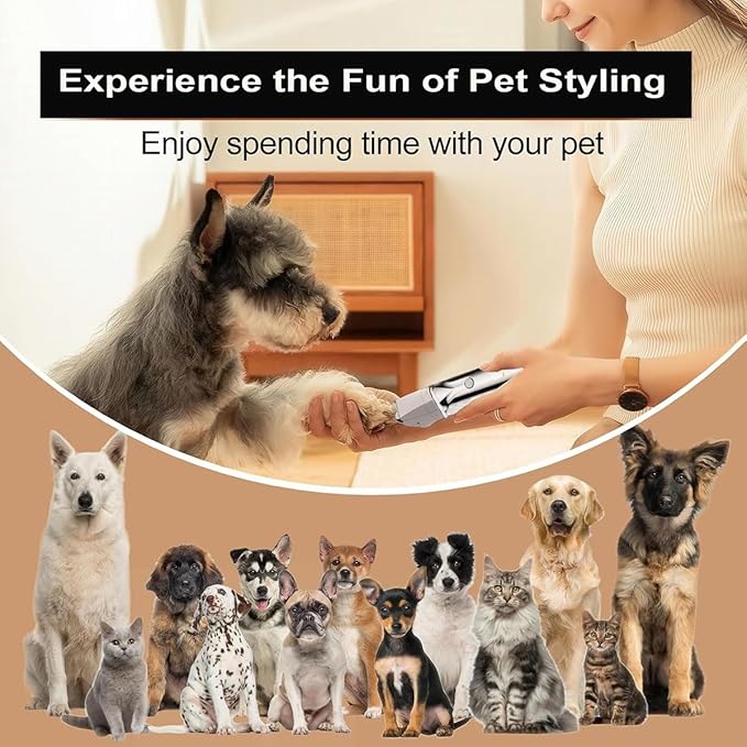 Dog Grooming Kit with LCD Display, 4 in 1 Dog Hair Trimmer for Paw Nail Grinder, Rechargeable Cordless Pet Cat Clippers, Professional Pet Paw Trimmer Nail Grinder Low Noise. Black-PawvioPets