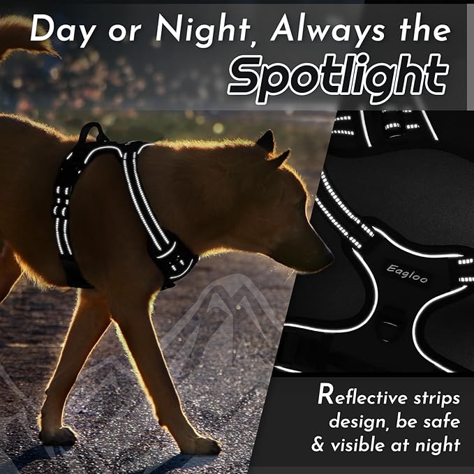 Eagloo Dog Harness for Large Dogs, No Pull Service Vest with Reflective Strips and Control Handle, Adjustable and Comfortable for Walking, No Choke Pet Harness with 2 Metal Rings, Black, L-PawvioPets