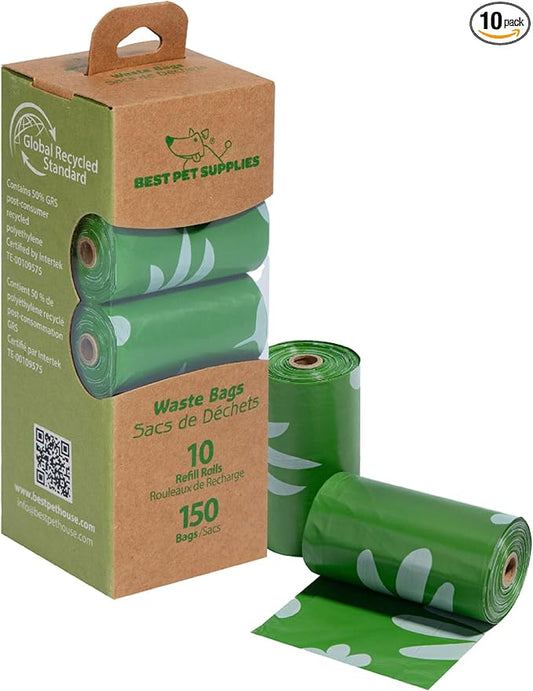 Best Pet Supplies Poop Bags for Dogs, 50% Post-Consumer Recycled Content dog waste bags on rolls, fits all poop bag holders for leashes - 150 Count, Green, Unscented-PawvioPets