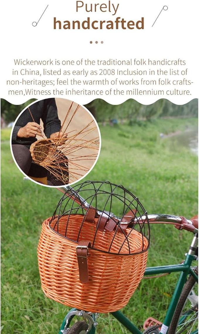 Bike Pet Basket, Wicker Bike Basket for Small Dogs Cats Pet Carrier Front Basket with Wire Mesh Cover and Lid, Wicker Basket for Dogs and Cats, Rattan Storage Basket, 11.81 * 9.84 inch (B)-PawvioPets