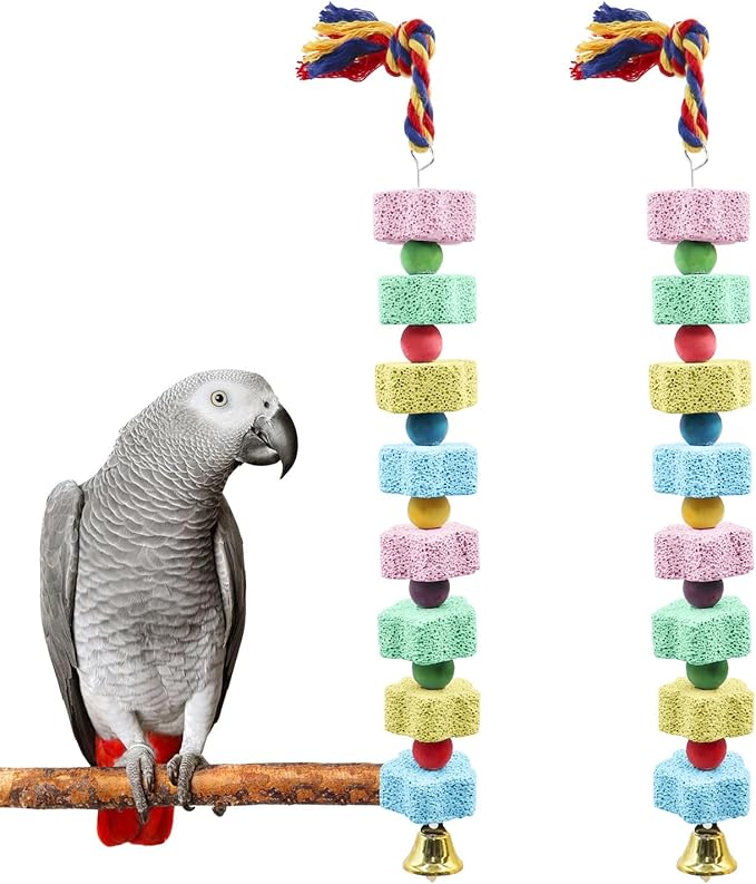 2 Pack Mineral Block Chew Toys with Colorful Beads and a Bell, Bird Beak Grinding Stone, Cage Accessories for African Grey, Budgies, Cockatiels, Small to Medium Birds-PawvioPets