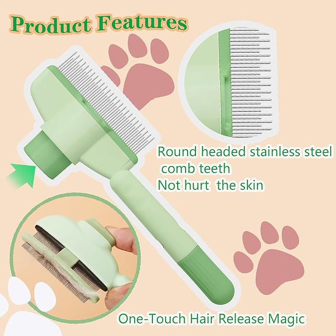 Cat Comb Dog Comb Pet Hair Removal Tool Flea Comb for Cats and Dog Lice Comb Cat Brush with Release Button Self-Cleaning with Long & Short Stainless Steel Metal Teeth for Shedding-PawvioPets
