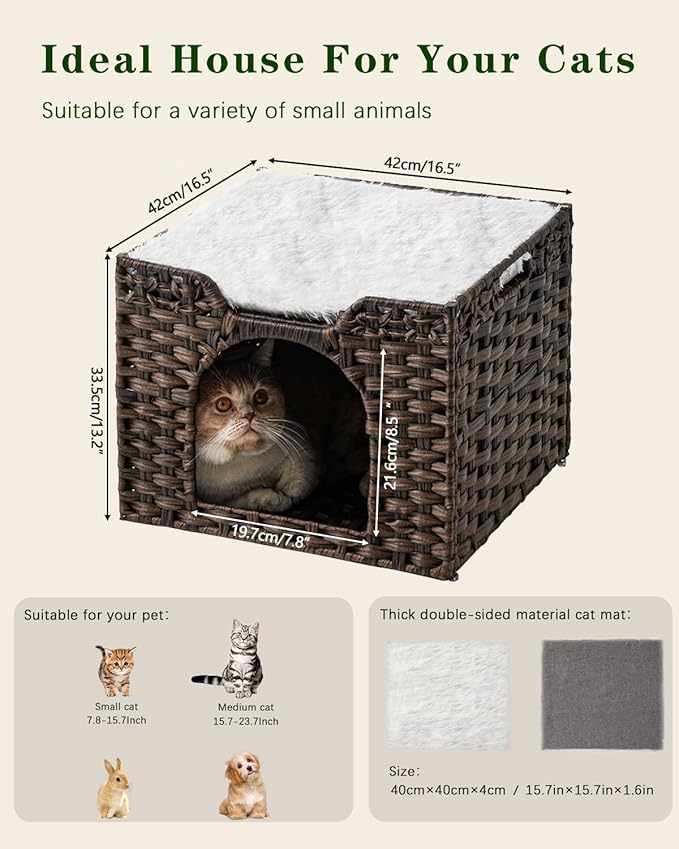 Cat Beds Indoor Kitten House, Handwoven Rattan Cat Cave Pet Cube, Large Cat Houses, One Bed Mat, Foldable, Hideaway, 16.5x16.5x13.2 Inches, 2 S-Shaped Hooks in Living Room Bedroom Brown-PawvioPets