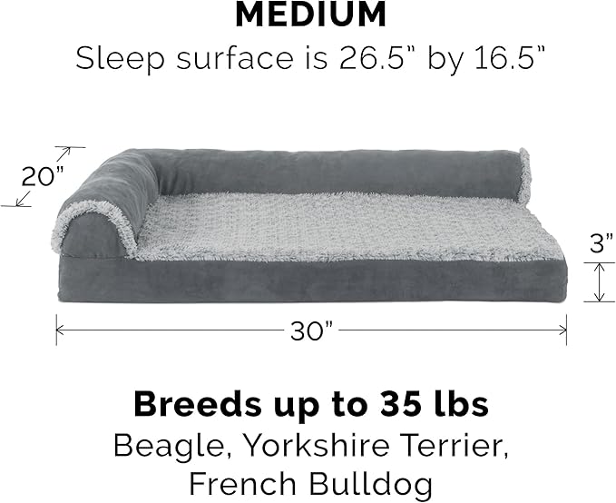 Furhaven Cooling Gel Dog Bed for Medium/Small Dogs w/ Removable Bolsters & Washable Cover, For Dogs Up to 35 lbs - Two-Tone Plush Faux Fur & Suede L Shaped Chaise - Stone Gray, Medium-PawvioPets