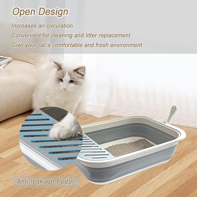 Collapsible Small Cat Litter Box,Kitten Open Potty Pan with Scoop Cat Toilet with Falling Sand Pedal Low Entrance Foldable Kittens Travel Litter Box Blue-PawvioPets