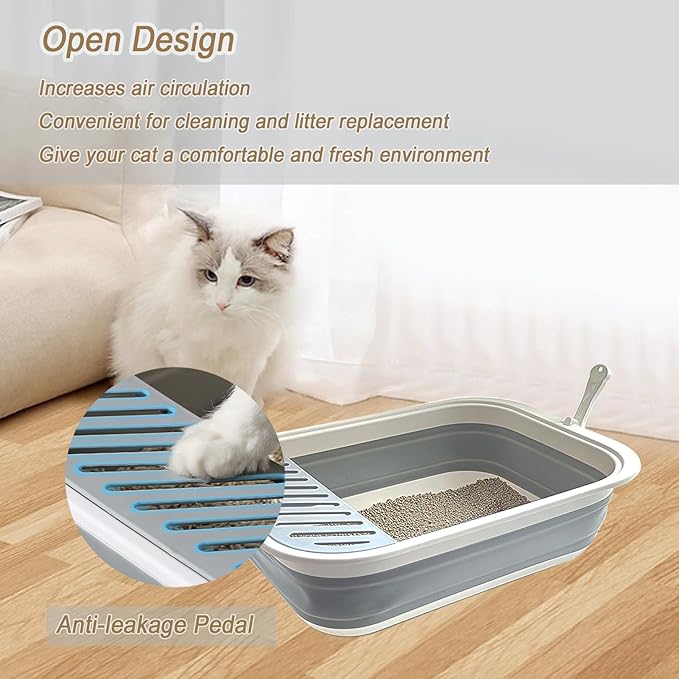 Collapsible Kitten Litter Box, 17.7 x 13.4 x 5 inch Open Cat Potty Pan with Scoop Foldable Shallow Cat Toilet Anti-Splashing Low Entrance Travel Litter Box with Falling Sand Pedal Grey-PawvioPets