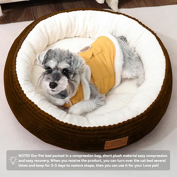 23in Round Cat Dog Bed for Large Medium Small Dogs Cats, Machine Washable Sleeping Sofa, Non-Slip Bottom Breathable Soft Calming Pet Cuddler for Indoor/Outdoor/Car/Cage, Brown-PawvioPets