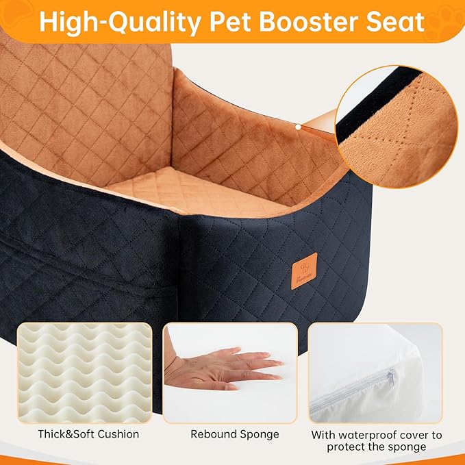 Dog Car Seats for Small/Medium Dogs, FurFrolic Memory Foam Dog Booster Seat for Small Dogs up to 35 lbs, Travel Pet Car Seat with Washable Detachable Cover, Storage Pockets, 2 Safety Belt, Black Brown-PawvioPets