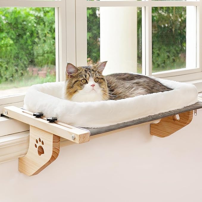 AMOSIJOY Cat Sill Window Perch Sturdy Hammock Window Seat with Cushion Bed Cover, Wood & Metal Frame for Large Cats, Easy to Adjust Cat Bed for Windowsill, Bedside, Drawer and Cabinet (M)-PawvioPets