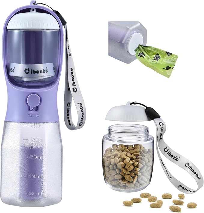 Dog Water Bottle with Food Container & Poop Bag Holder, Travel Water Bowl, Portable Pet Dispenser, Dog Stuff Accessories Items, Puppy Essentials Necessities for Yorkie Chihuahua Walking Hiking-PawvioPets