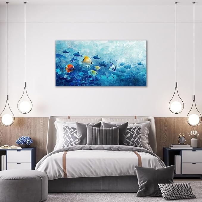 Extra Large Wall Art Tropical Fish Canvas Living Room Pictures Framed Prints Ocean Blue Oversize Wall Decor Animal Painting Artwork for Bedroom Dining Office Home 60"x30"-PawvioPets