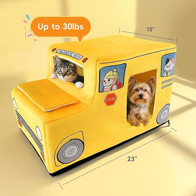 Cute Cat Beds Kitten Beds, Soft Small Dog Beds, Washable Pet Beds for Puppy and Kitty, Funny School Bus Cat Cave, 23 Inches-PawvioPets