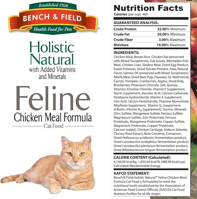 Bench & Field Holistic Natural Premium Adult Dry Cat Food, Chicken Meal and Brown Rice Recipe 25 lb Bag (Pack of 1)-PawvioPets