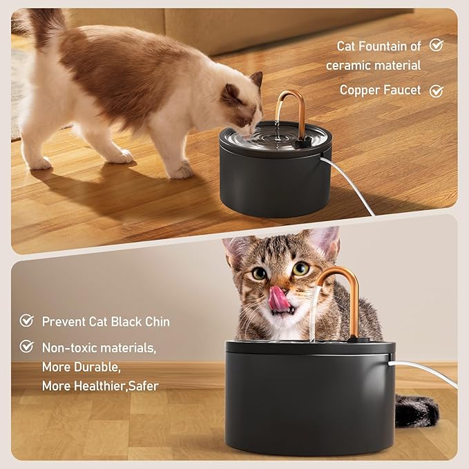 DOOOB Ceramic Cat Water Fountain, 2.1L/71oz Ceramic Cat Fountain, Automatic Ceramic Water Fountain for Cats, Pet Water Fountain with Ultra-Quiet Pump and 3 Filters & 3 Sponges (Black)-PawvioPets