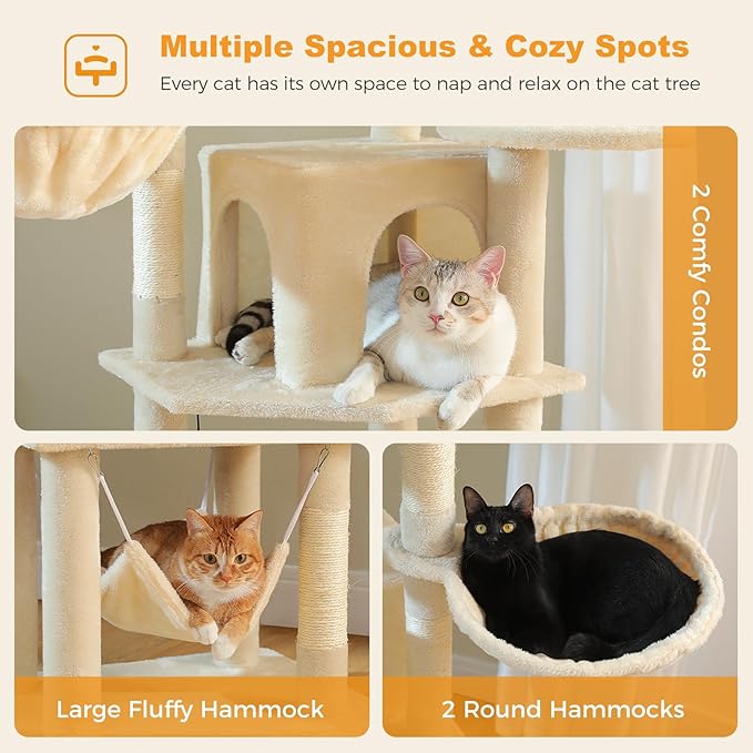 71.2" Tall Cat Tree for Indoor Cats - 9-Level Multi-Cat Tower w/5 Sisal Scratching Posts, 2 Condos, 3 Hammocks, Perch & Pom Poms - Heavy-Duty for Adult Cats, Space-Saving Plush Beige-PawvioPets