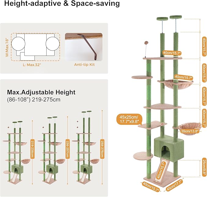 Floor to Ceiling Cat Tree Tall Cat Tower with Adjustable Height (81.8-108 Inches) with Fully Scratching Post Private Condo and Hammock for Indoor Cats (Green, Triple Dule Posts)-PawvioPets